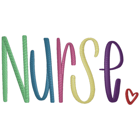 Colorful embroidered text spelling 'NURSE' with a heart on a white background