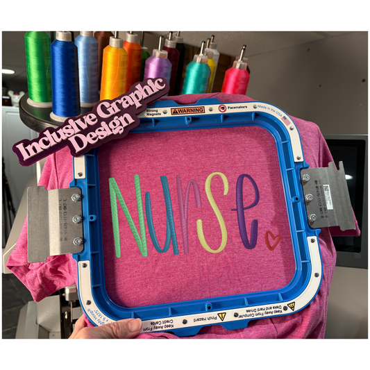 Embroidery hoop with 'Nurse' text on a pink fabric, surrounded by colorful thread spools.