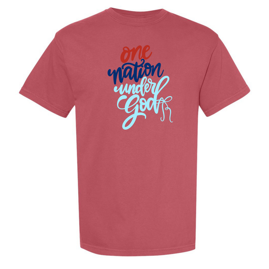 Red t-shirt with 'one nation under God' text on a white background