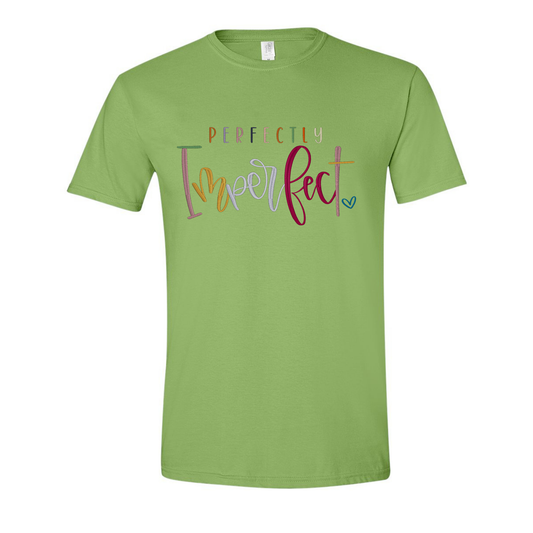 Green t-shirt with 'Perfectly Imperfect' text design on a white background