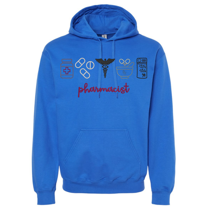 Blue hoodie with pharmacist-themed graphics on a white background