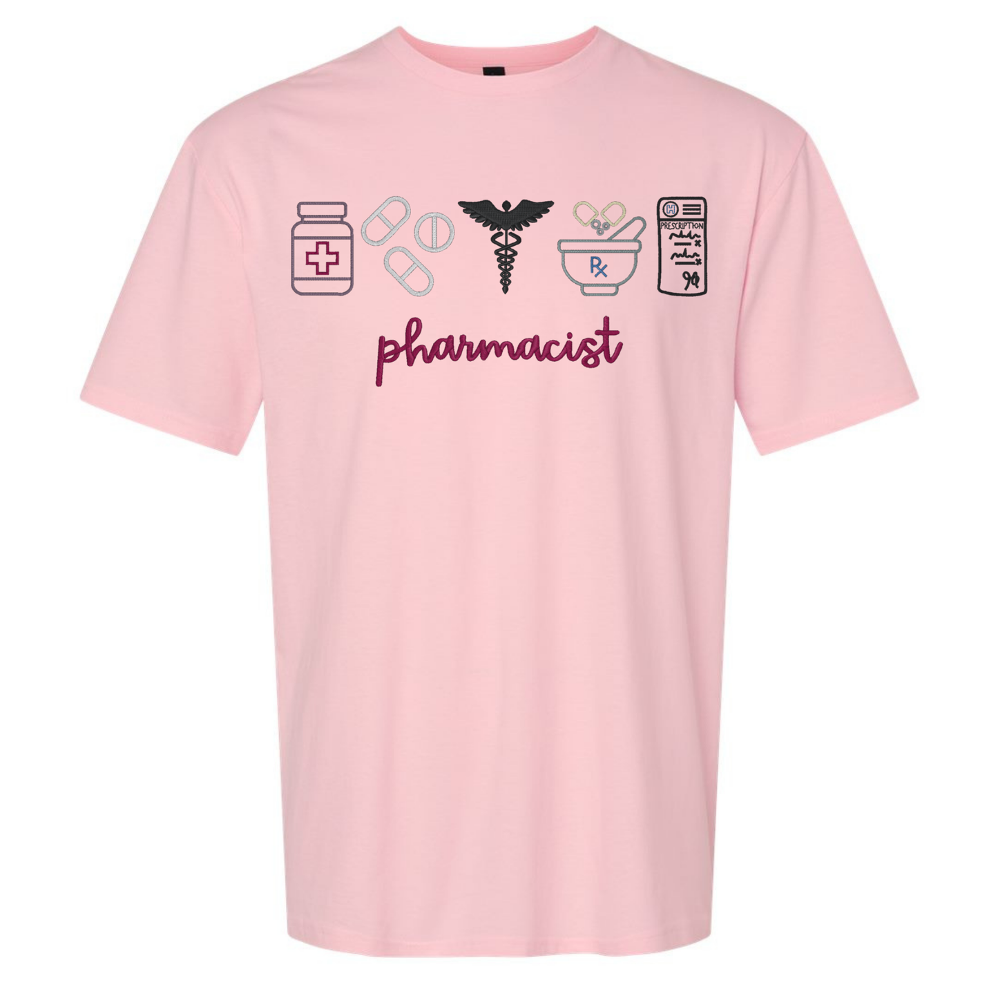 Pink t-shirt with pharmacist-themed graphics and text on a white background