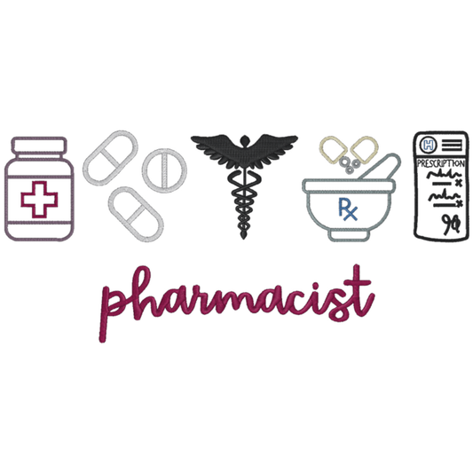 Collection of pharmacist-related icons on a white background