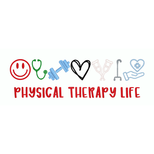 Illustrations of physical therapy icons with text 'PHYSICAL THERAPY LIFE' on a white background