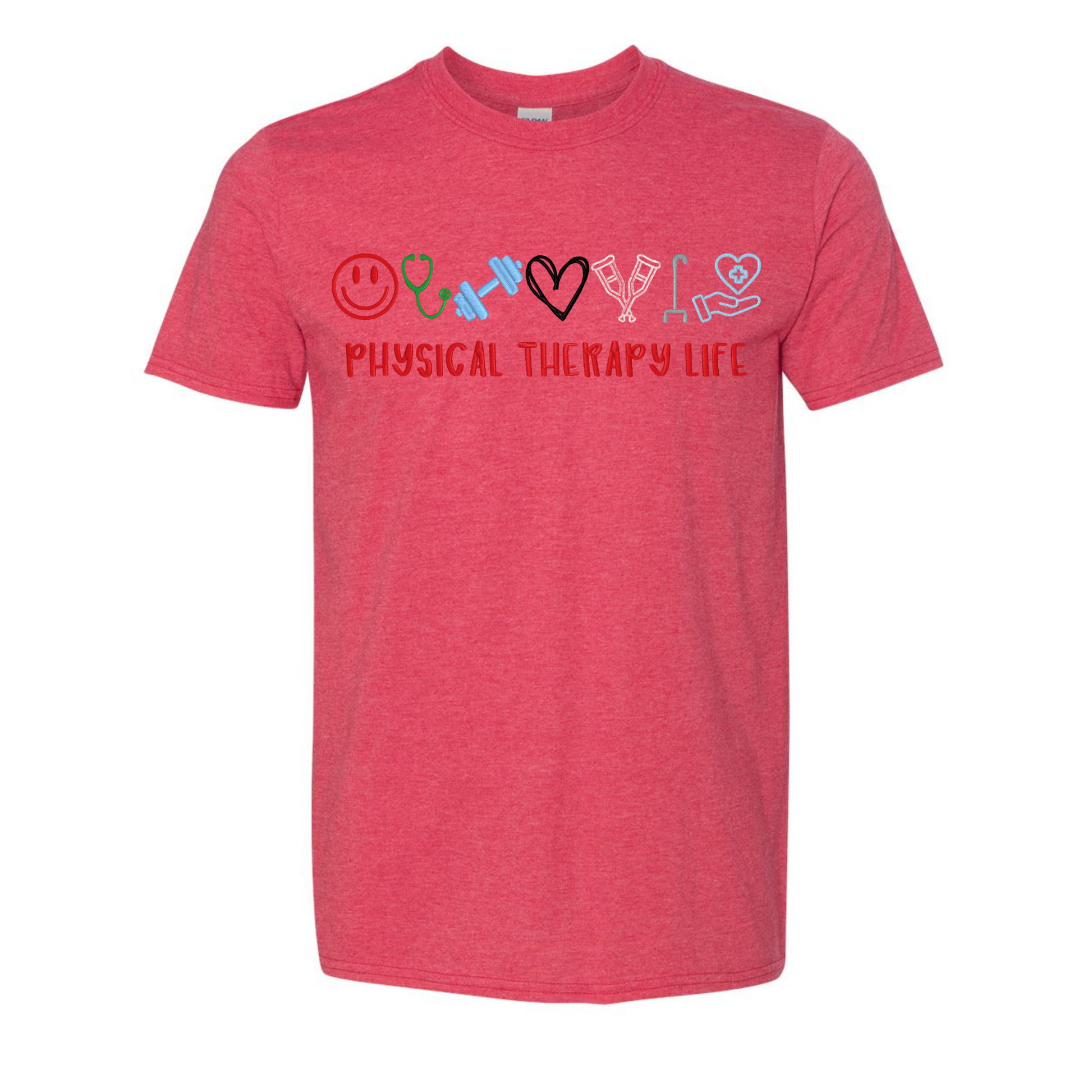 Red t-shirt with physical therapy-themed graphics and text on a white background