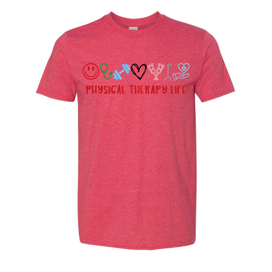Red t-shirt with physical therapy-themed graphics and text on a white background