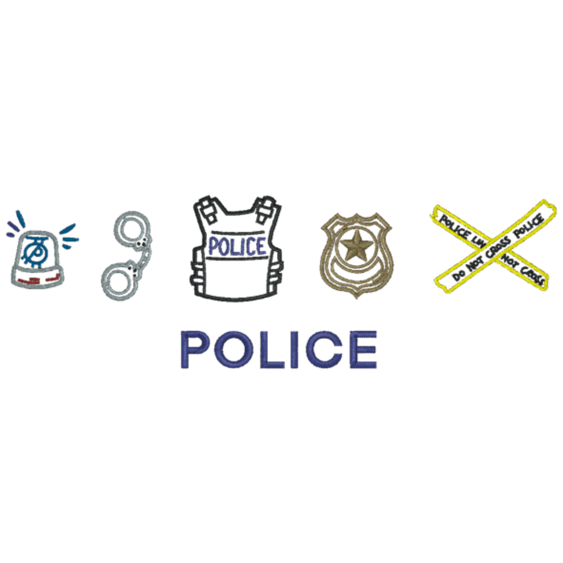 embroidered icons of a siren, handcuffs, vest, shield, ad o not cross tape with the words police