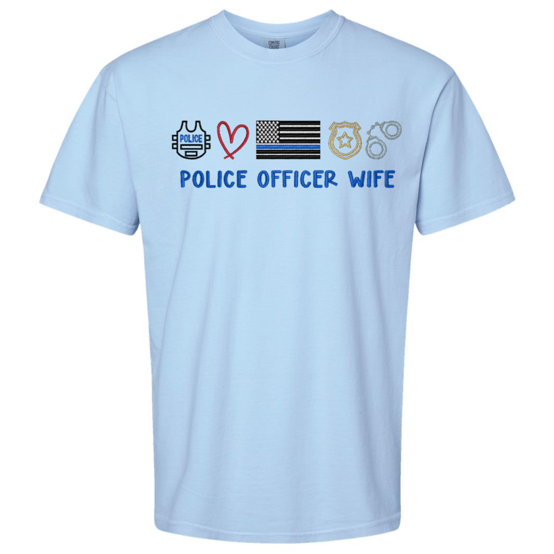 Light blue t-shirt with police-themed graphics and text on a white background