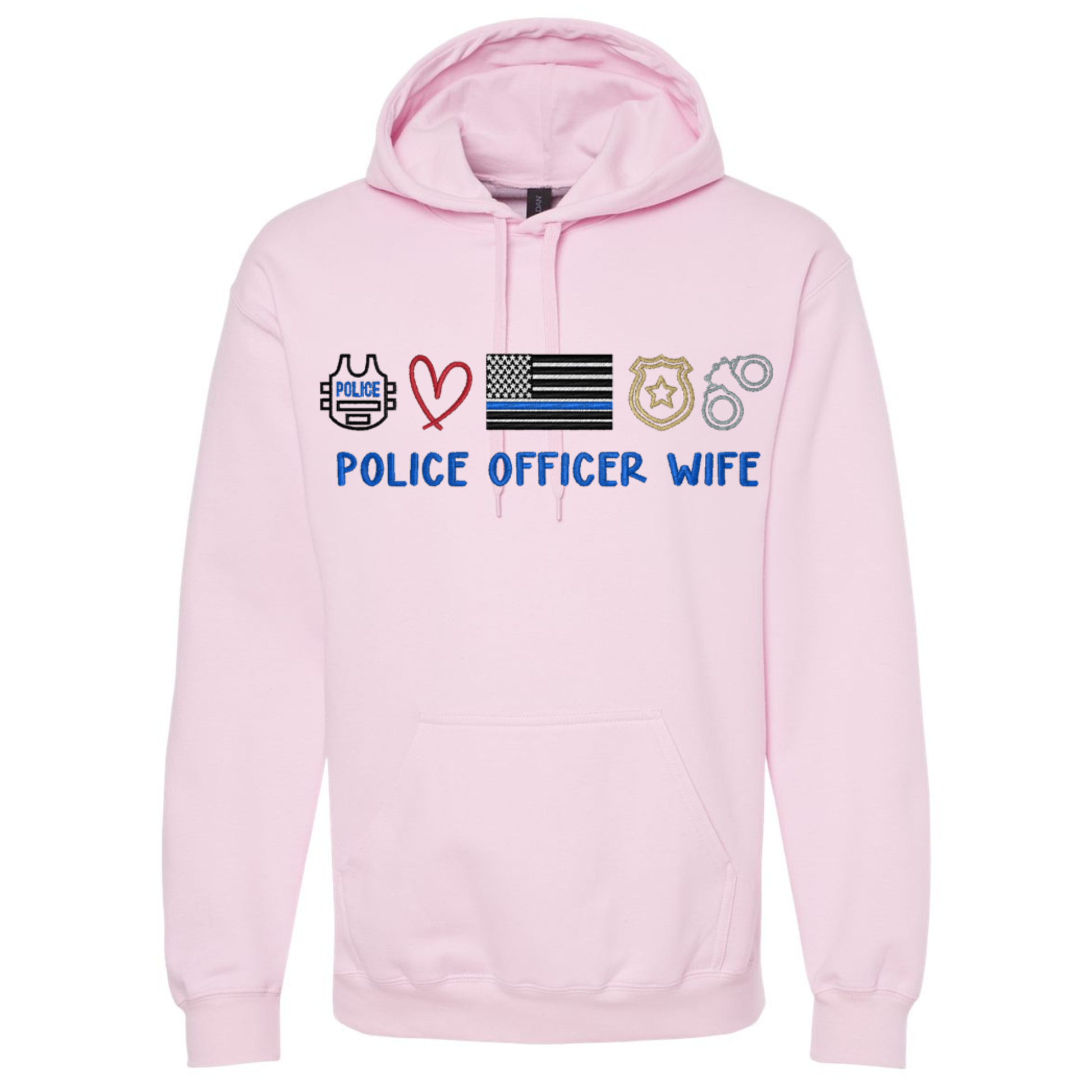 Pink hoodie with 'POLICE OFFICER WIFE' text and symbols on a white background