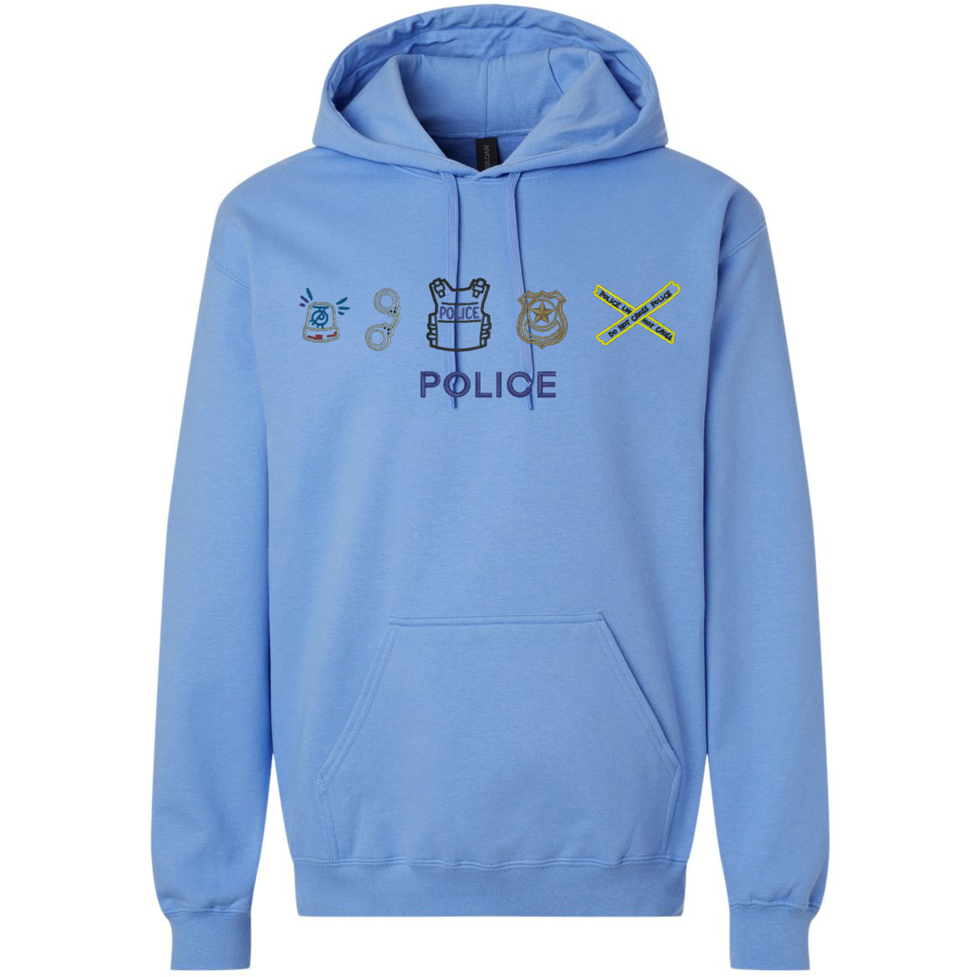 blue hoodie with embroidered police and police icons