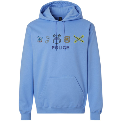 blue hoodie with embroidered police and police icons