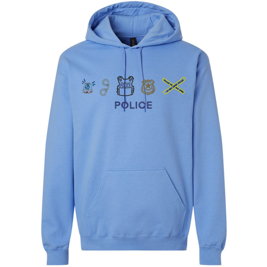 blue hoodie with embroidered police and police icons