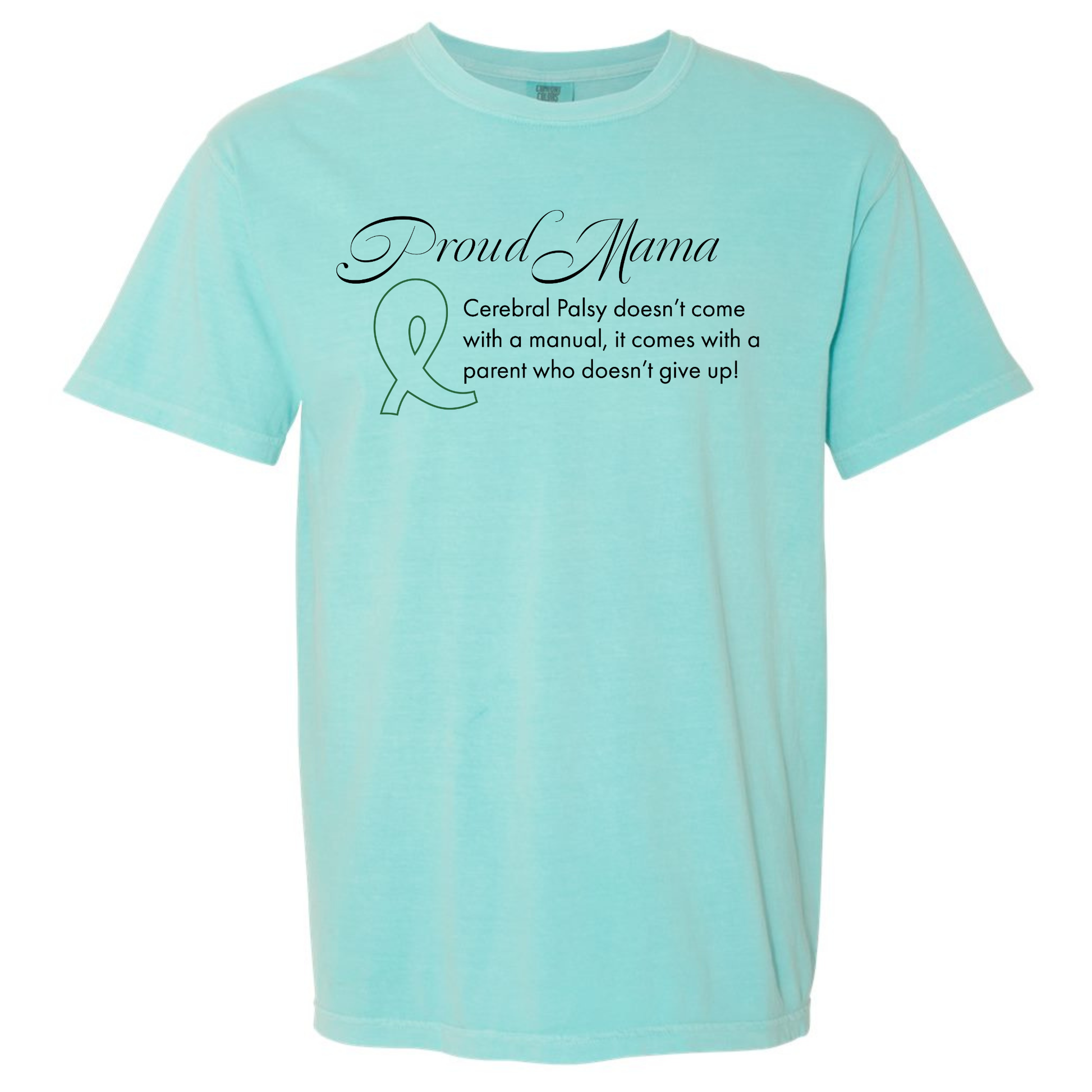 Mint green t-shirt with text and a ribbon graphic on a white background