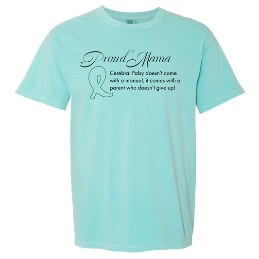 Mint green t-shirt with text and a ribbon graphic on a white background