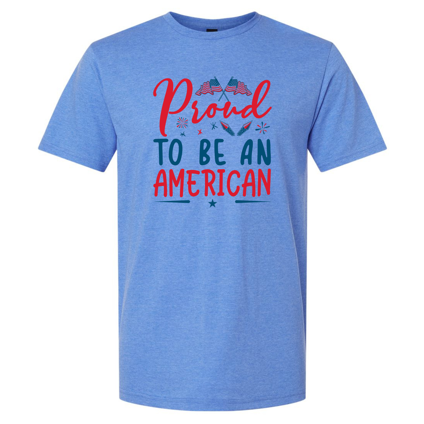 Blue t-shirt with 'Proud to be an American' text and graphics on a white background