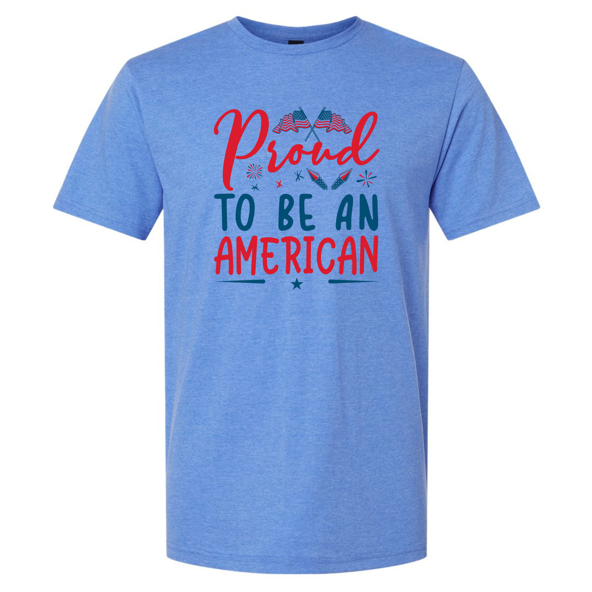 Blue t-shirt with 'Proud to be an American' text and graphics on a white background