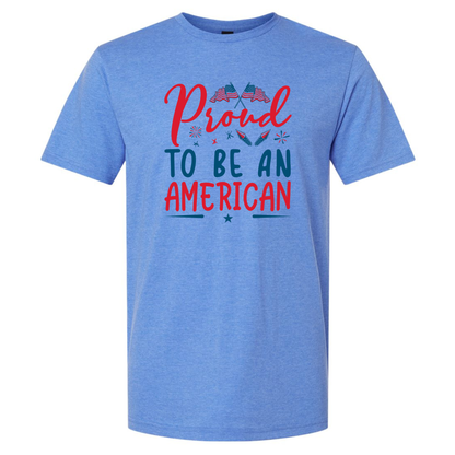 Blue t-shirt with 'Proud to be an American' text and graphics on a white background