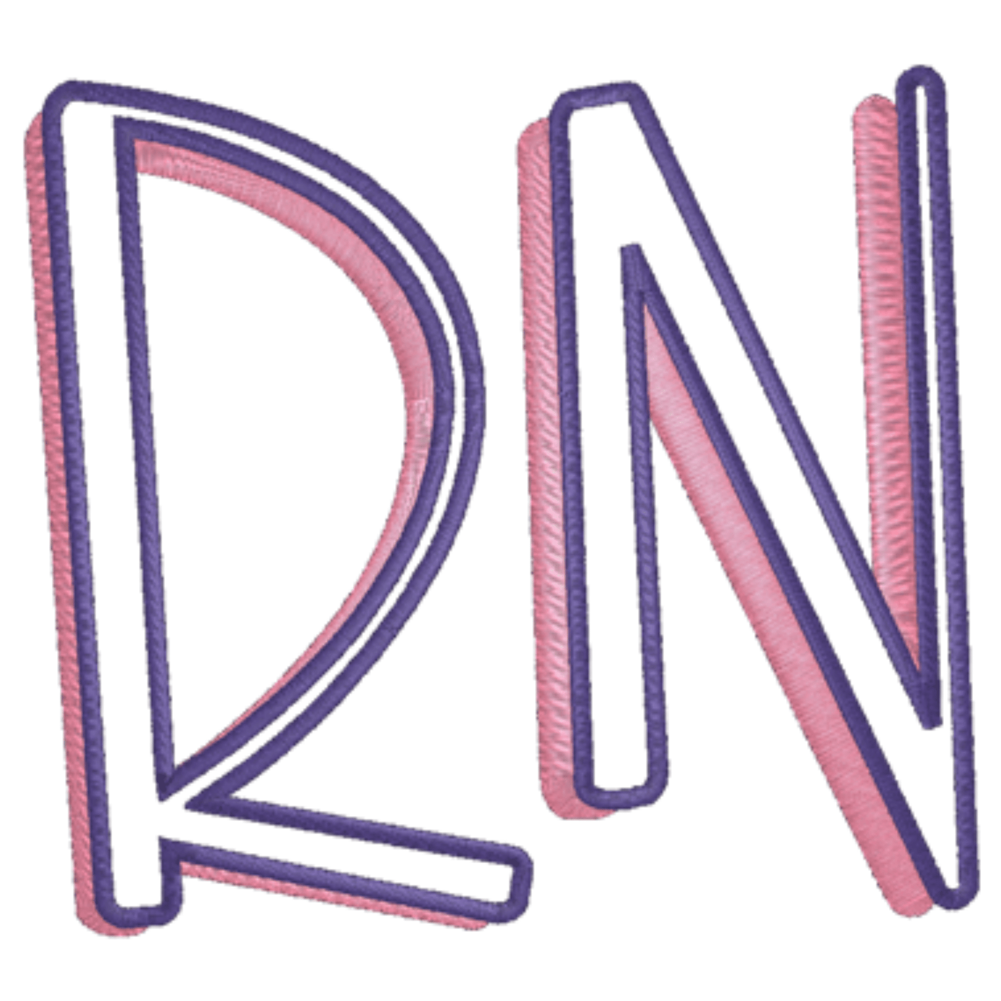RN letters with pink and purple outline on a white background