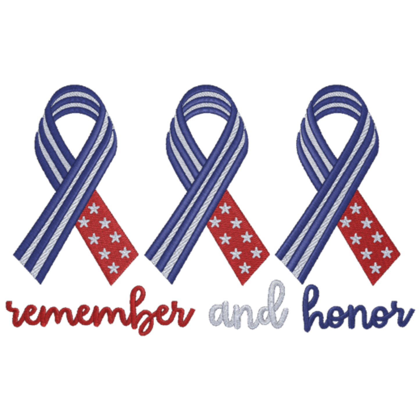 Three ribbons with red, white, and blue stripes and stars, accompanied by the text 'remember and honor' on a white background.