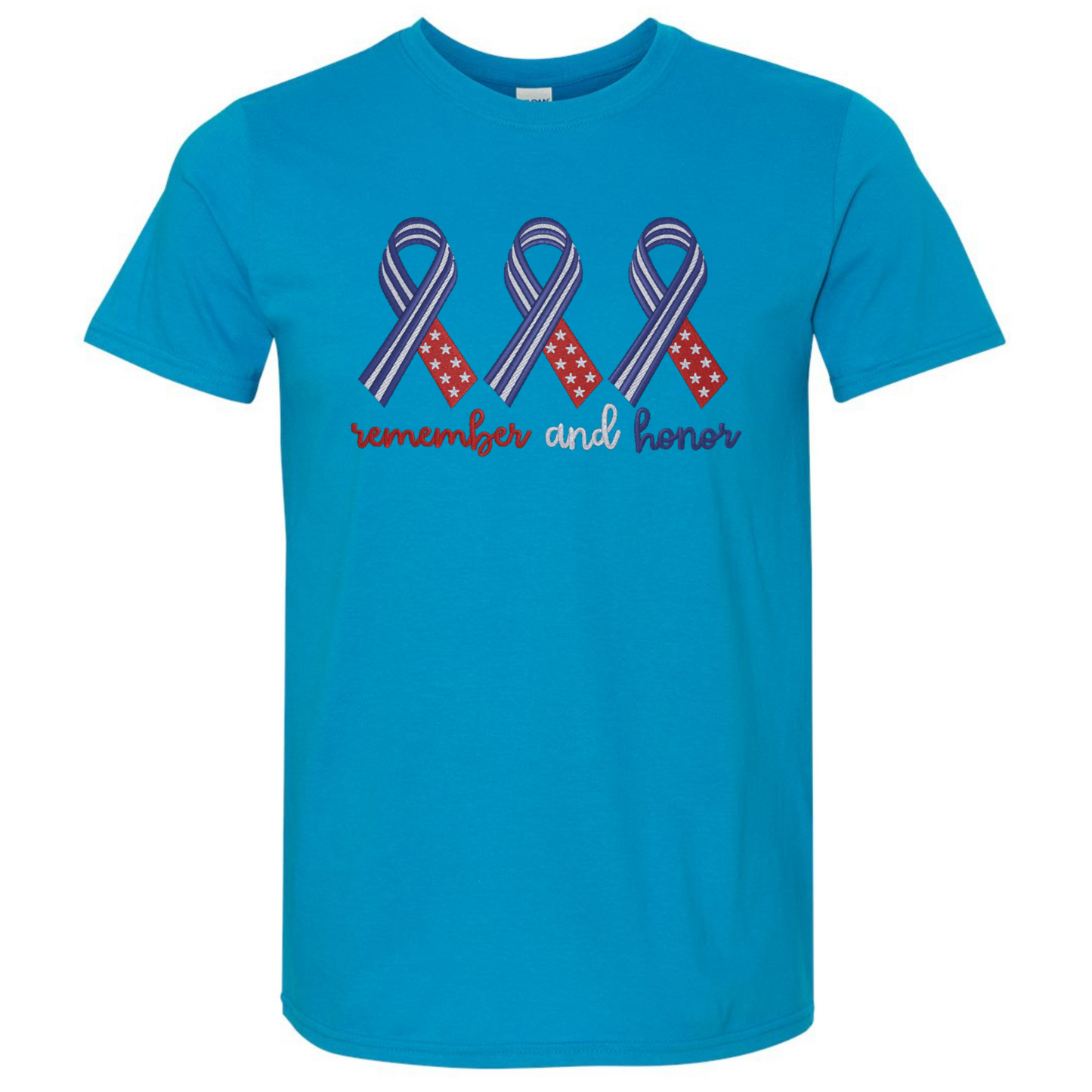 Blue t-shirt with red and purple ribbons and text on a white background