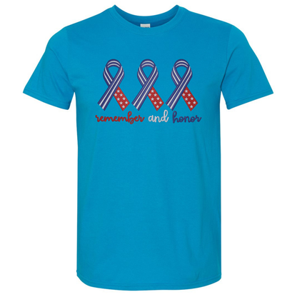 Blue t-shirt with red and purple ribbons and text on a white background