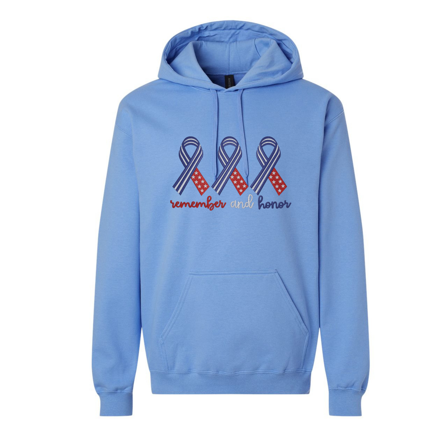 Blue hoodie with ribbon design and text 'remember and honor' on a white background