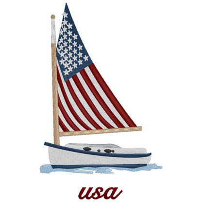 Sailboat with American flag and 'USA' text on a white background