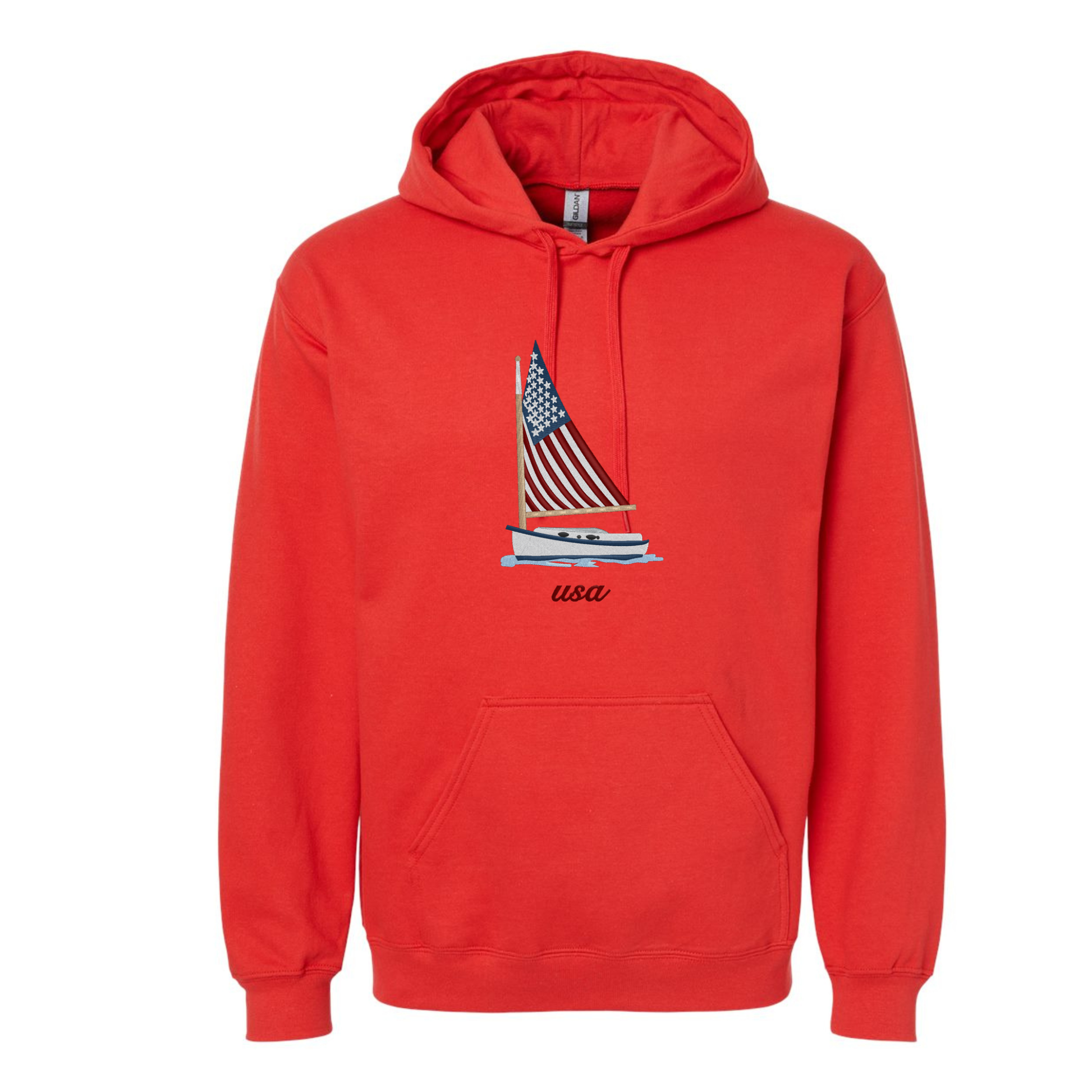 Red hoodie with a sailboat and American flag design on a white background