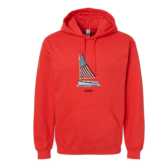 Red hoodie with a sailboat and American flag design on a white background