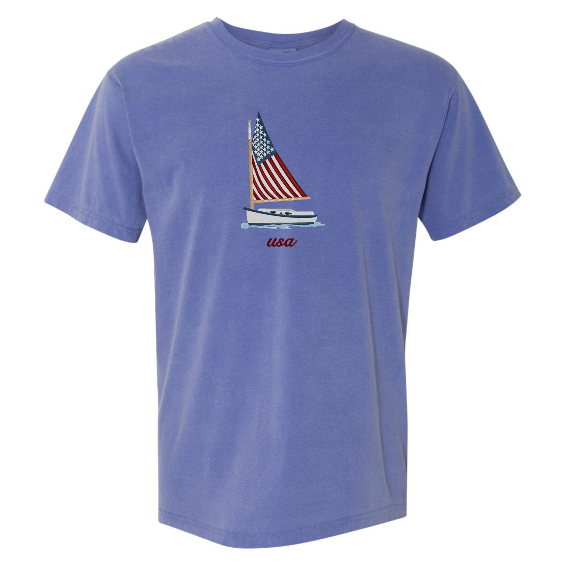 Blue t-shirt with a sailboat and American flag design on a white background