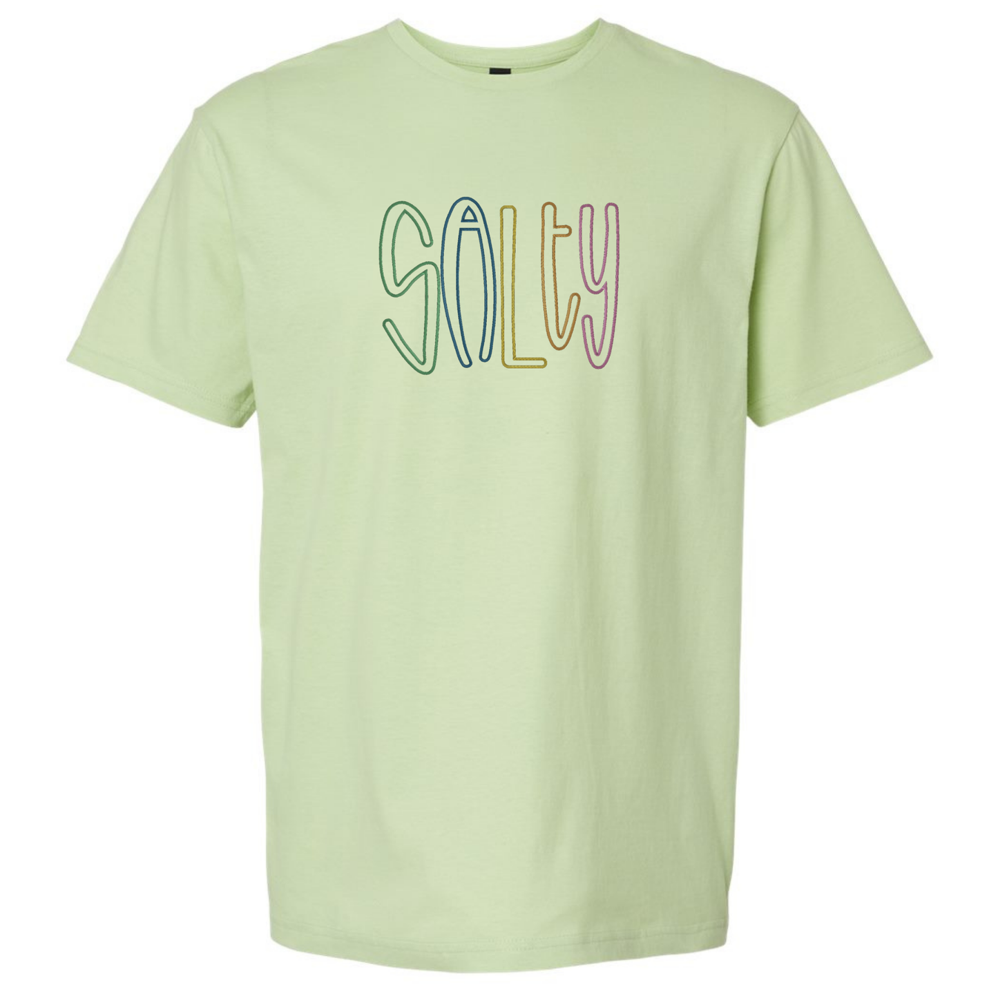 Light green t-shirt with 'Salty' in colorful letters on a white background