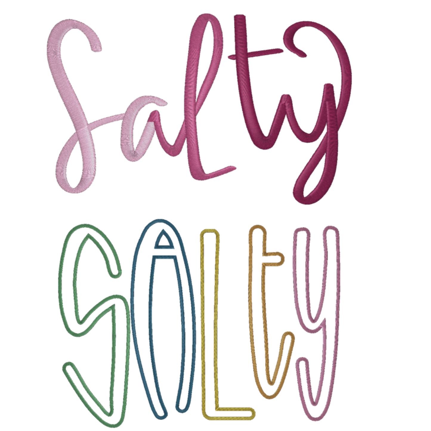 Colorful 'Salty' text on a white background