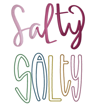 Colorful 'Salty' text on a white background