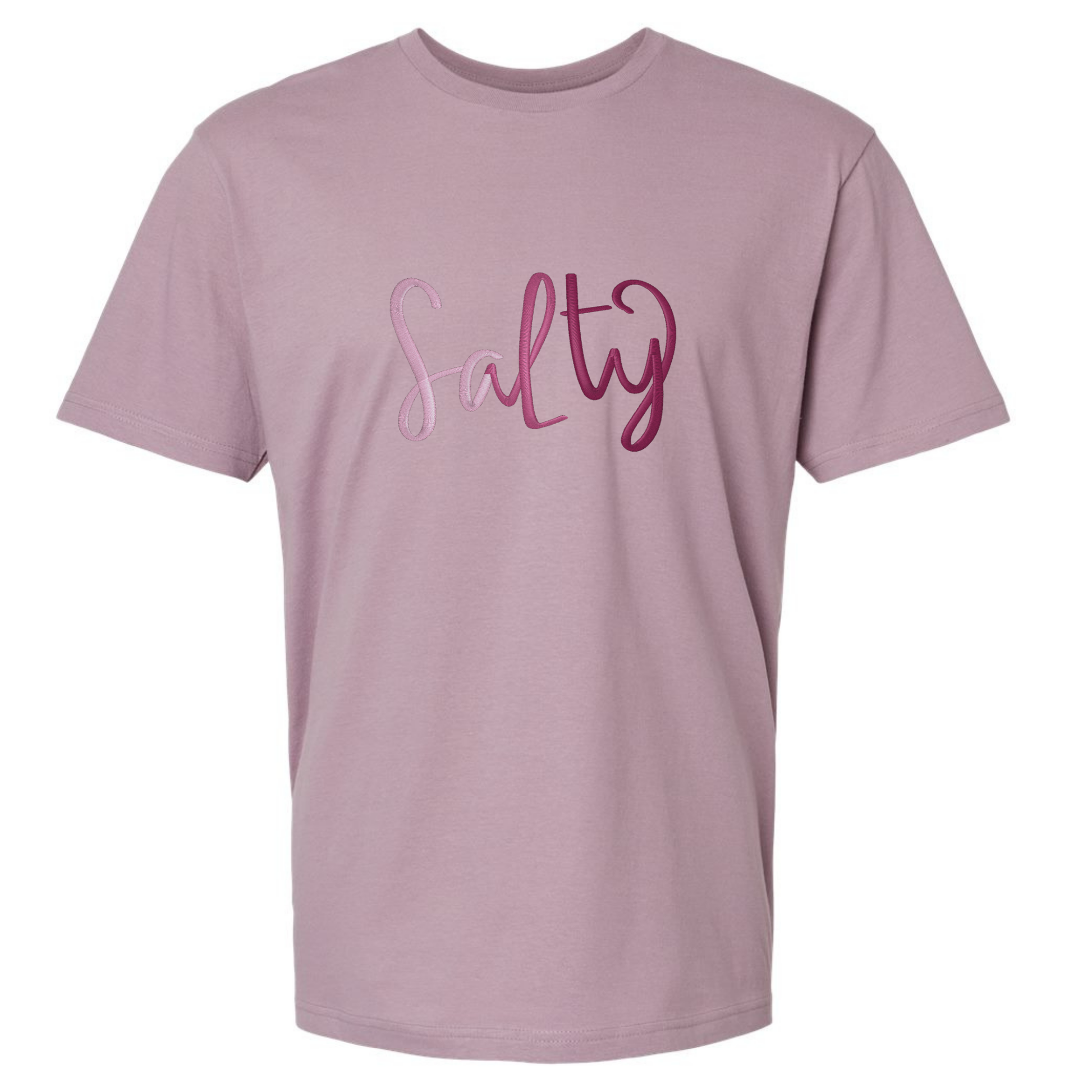 Mauve t-shirt with 'Salty' text in pink on a white background