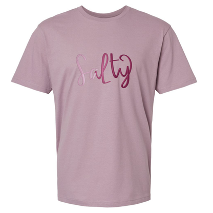 Mauve t-shirt with 'Salty' text in pink on a white background