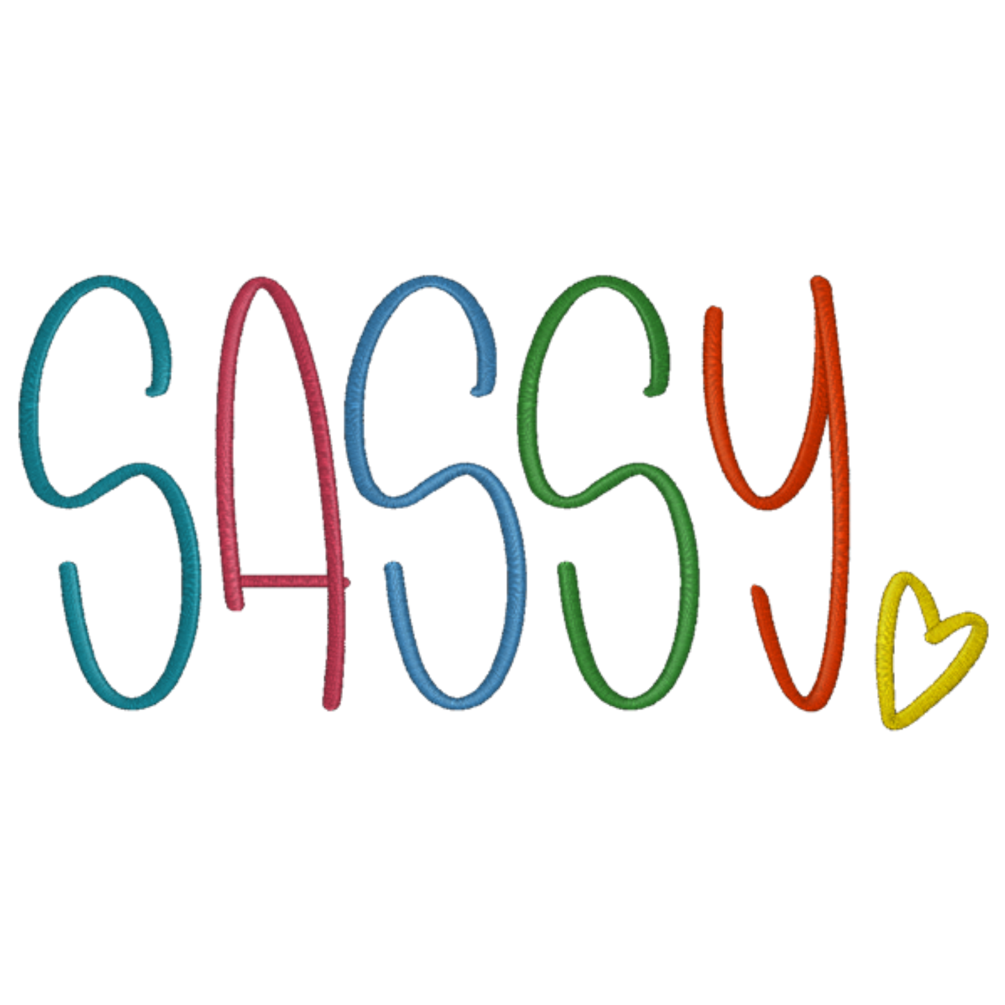 Colorful word 'SASSY' with a heart on a black background