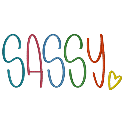 Colorful word 'SASSY' with a heart on a black background