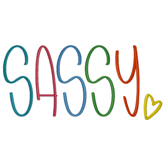 Colorful word 'SASSY' with a heart on a black background