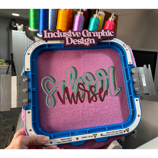 Embroidery hoop with 'Inclusive Graphic Design' text and colorful thread spools in the background.