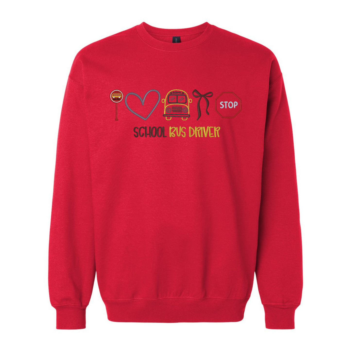 Red sweatshirt with a graphic design and text on a white background