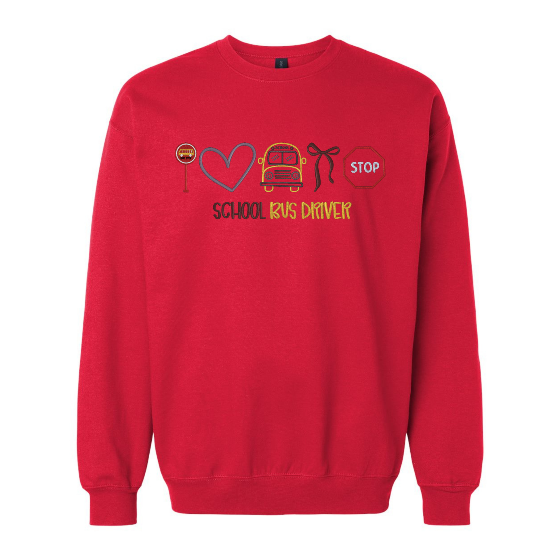Red sweatshirt with a graphic design and text on a white background