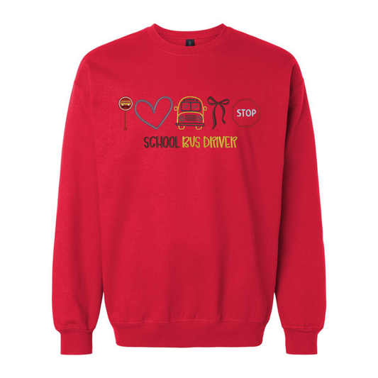 Red sweatshirt with a graphic design and text on a white background