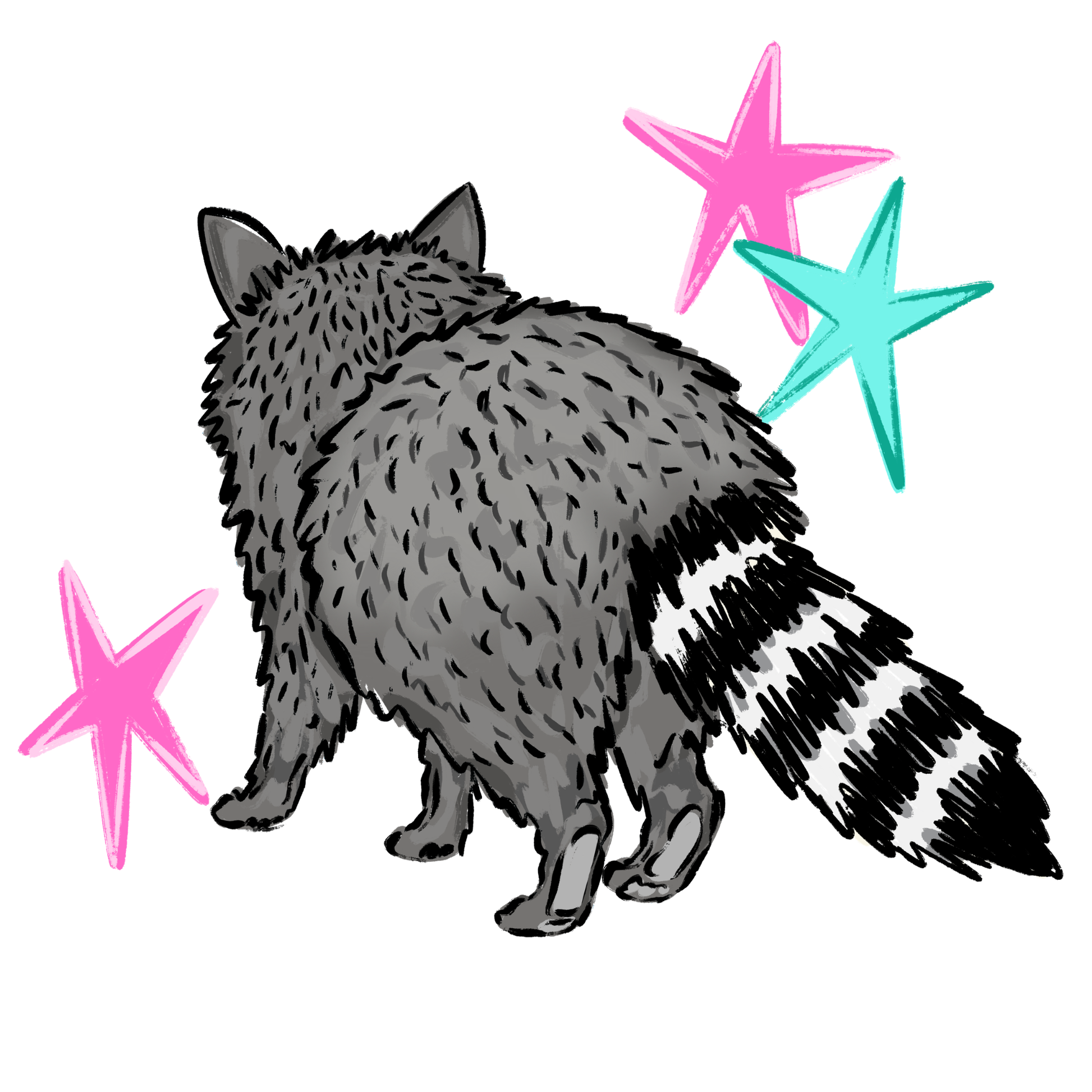 Illustration of a raccoon with three colorful stars on a white background