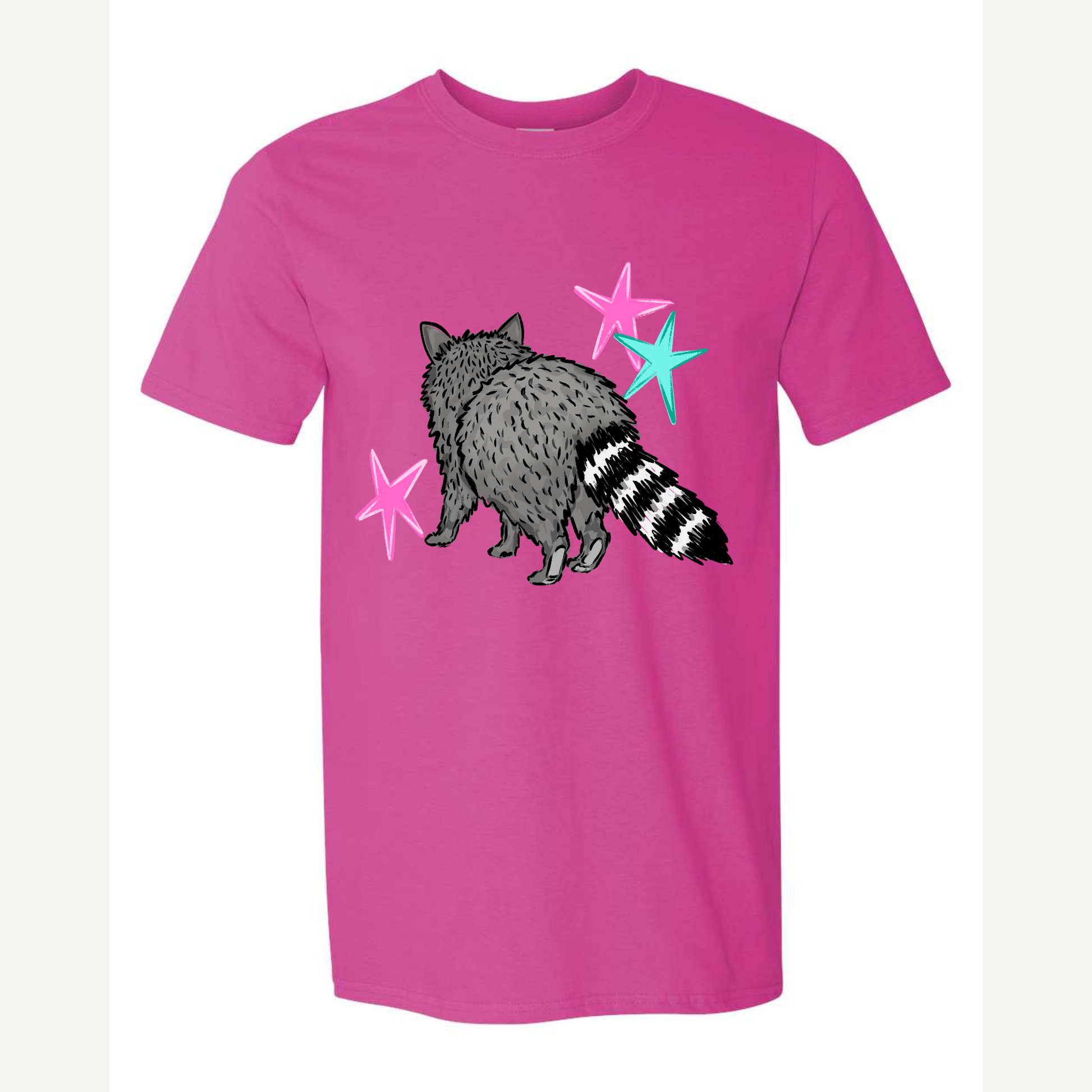Raccoon back on a pink tshirt