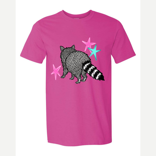Raccoon back on a pink tshirt