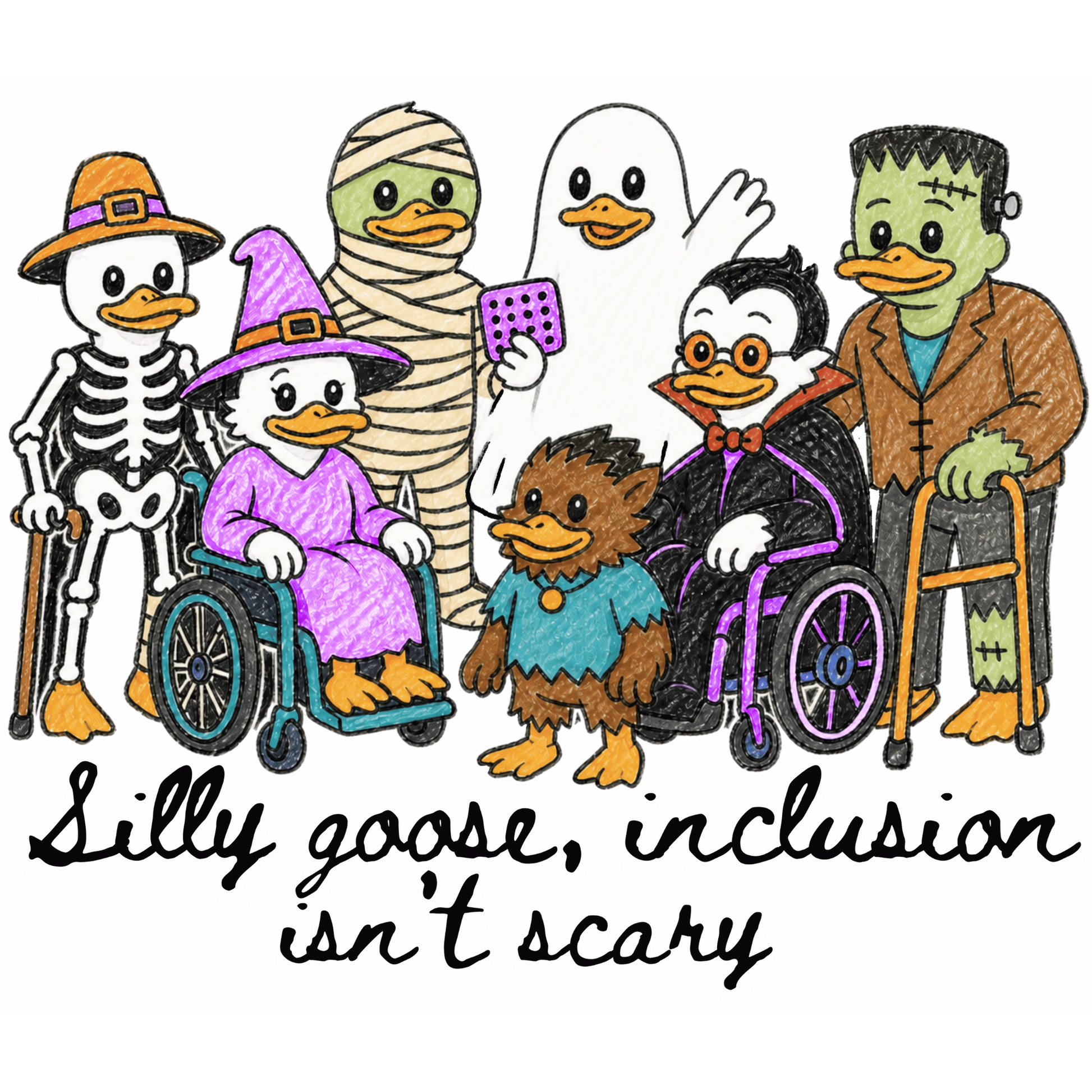 A cartoon illustration of six silly goose characters dressed in Halloween costumes, including a skeleton, witch, mummy, ghost, penguin in a wheelchair, and Frankenstein's monster, with the text 'Silly goose, inclusion isn't scary' below .