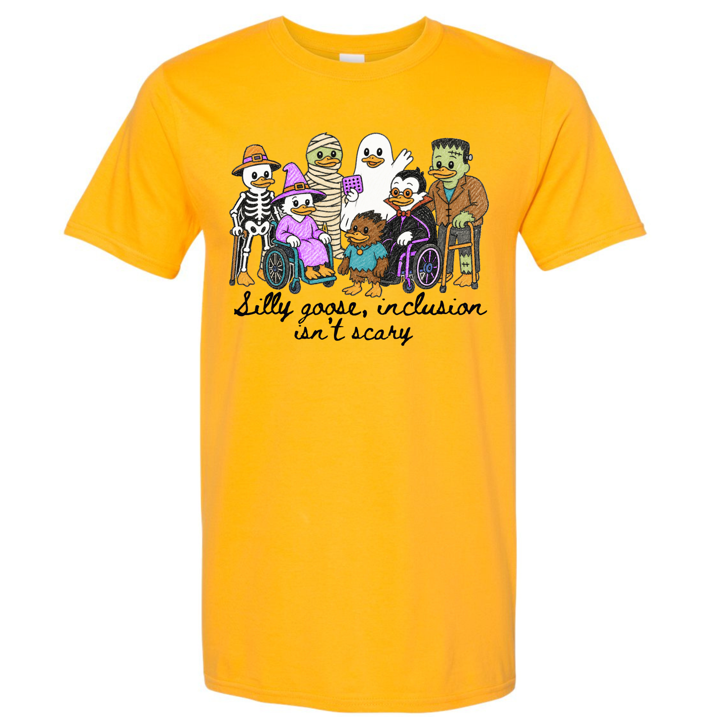 A bright yellow short-sleeve t-shirt with a cartoon illustration of six silly goose characters dressed in Halloween costumes, including a skeleton, witch, mummy, ghost, penguin in a wheelchair, and Frankenstein's monster, with the text 'Silly goose, inclusion isn't scary' below .