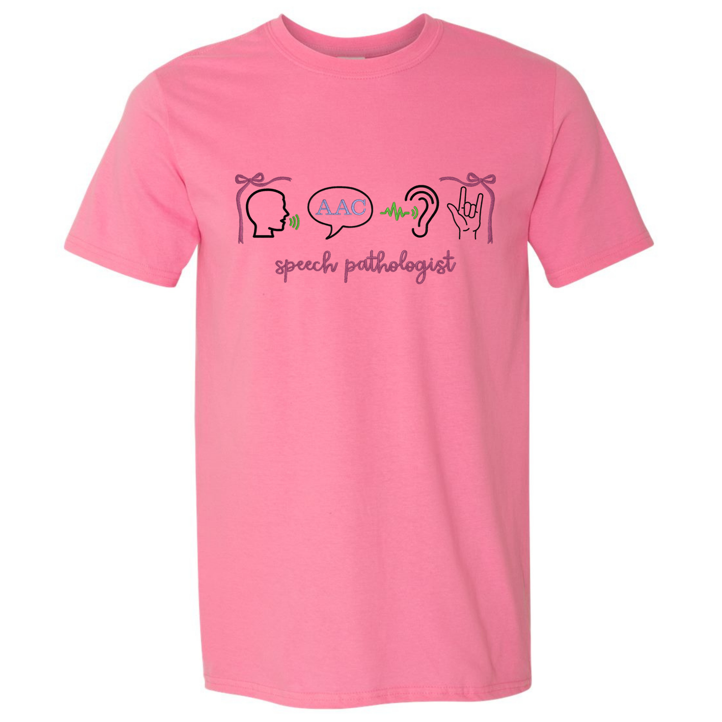 Pink t-shirt with speech pathologist-themed graphics on a white background