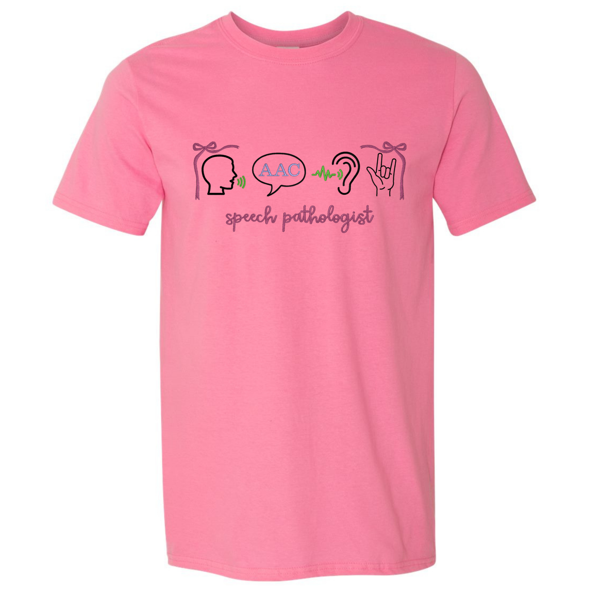 Pink t-shirt with speech pathologist-themed graphics on a white background