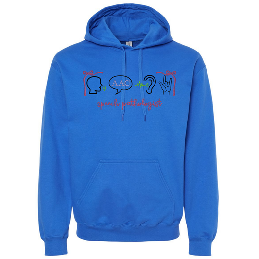 Blue hoodie with speech pathologist embroidered text on a white background